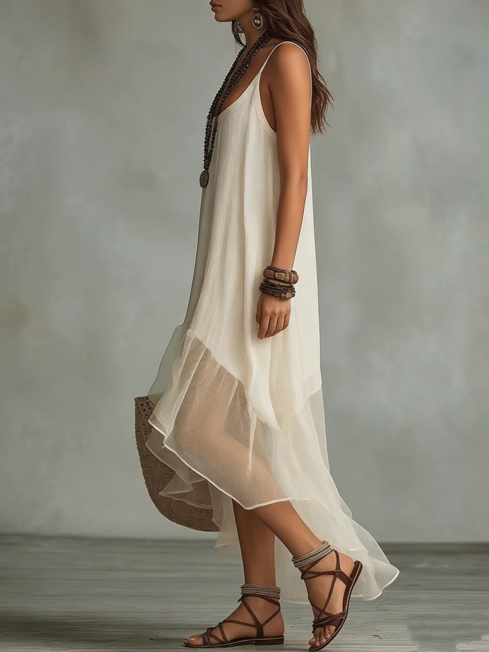 Backless Solid Ruffle High Low Maxi Dress for Poolside Parties and City Strolls