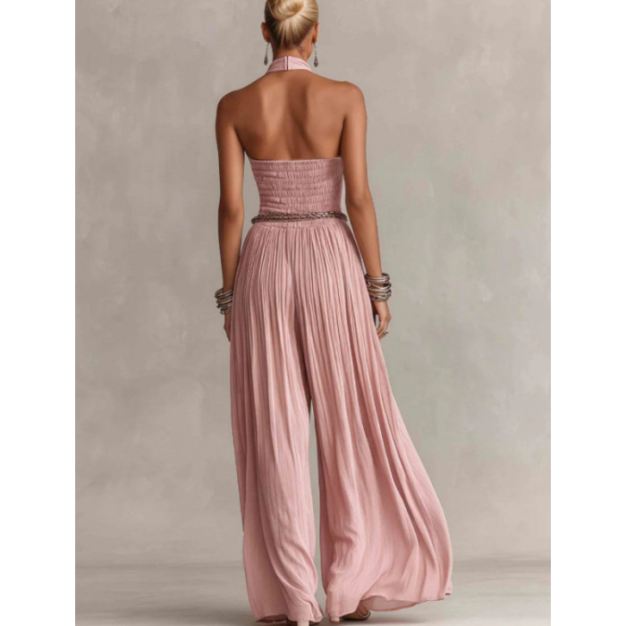 Pleated Wide Leg Boho Jumpsuit for Weekend Outings and Small Friend Gatherings