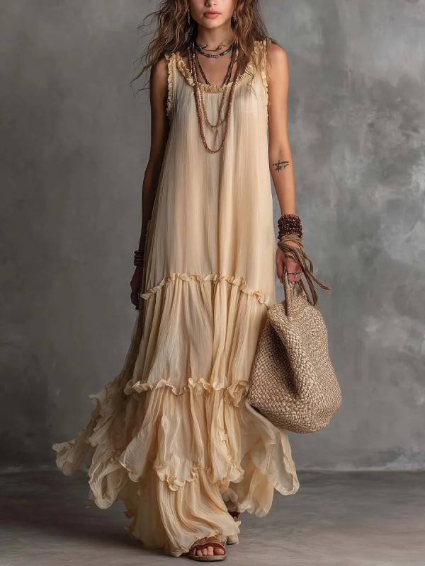 Solid Sweetheart Neck Tiered Ruffle Maxi Dress for Beach Vacations and Holiday Photoshoots