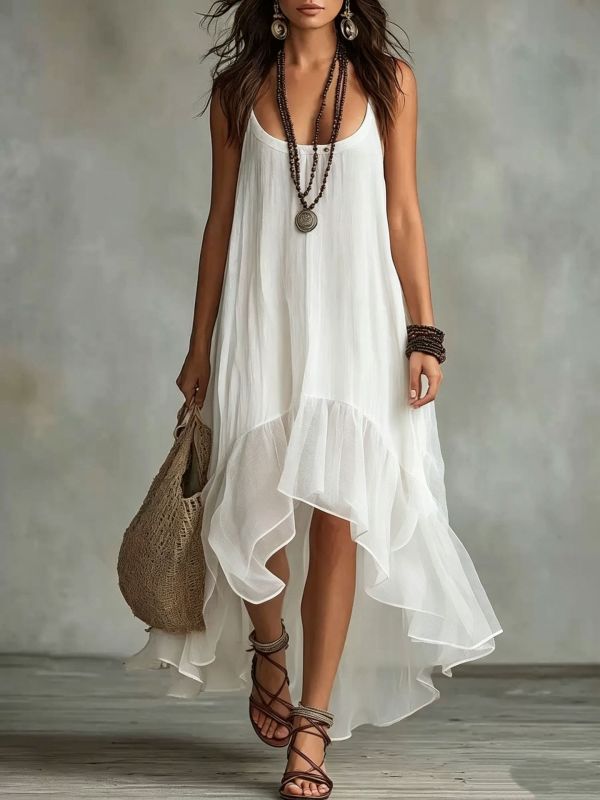 Backless Solid Ruffle High Low Maxi Dress for Poolside Parties and City Strolls