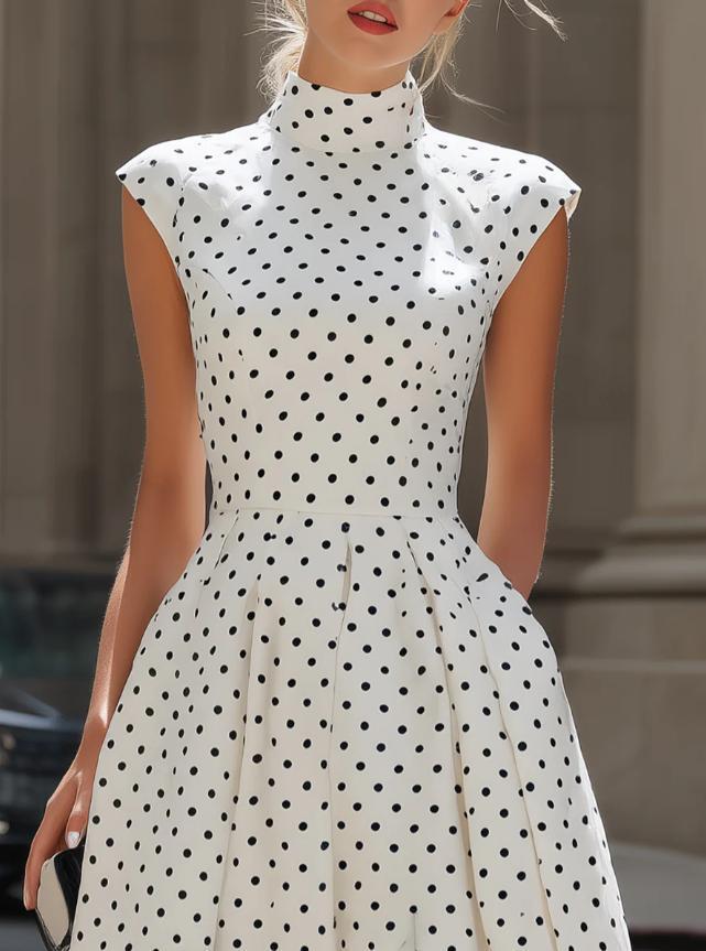 Vintage Polka Dot High Neck Cap Sleeve A-Line Midi Dress for Cocktail Parties and Evening Banquets