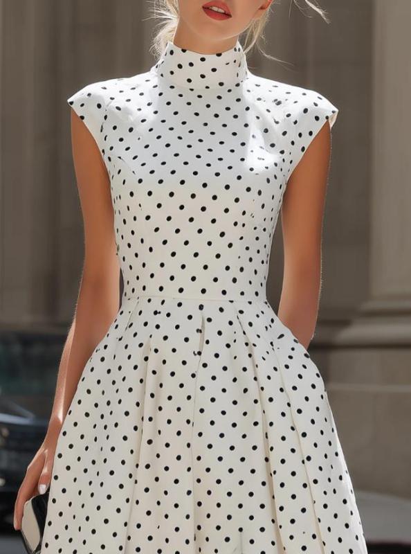 Vintage Polka Dot High Neck Cap Sleeve A-Line Midi Dress for Cocktail Parties and Evening Banquets