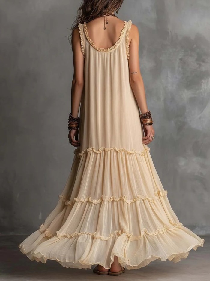 Solid Sweetheart Neck Tiered Ruffle Maxi Dress for Beach Vacations and Holiday Photoshoots