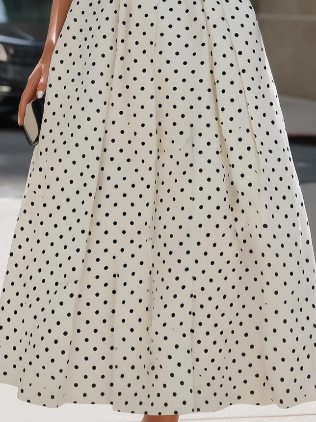 Vintage Polka Dot High Neck Cap Sleeve A-Line Midi Dress for Cocktail Parties and Evening Banquets