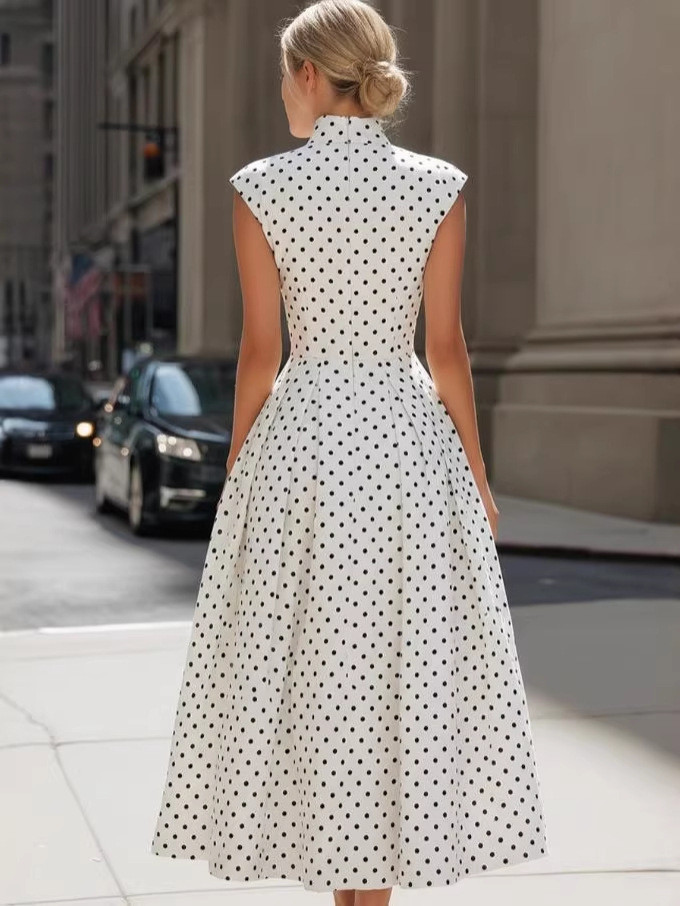 Vintage Polka Dot High Neck Cap Sleeve A-Line Midi Dress for Cocktail Parties and Evening Banquets