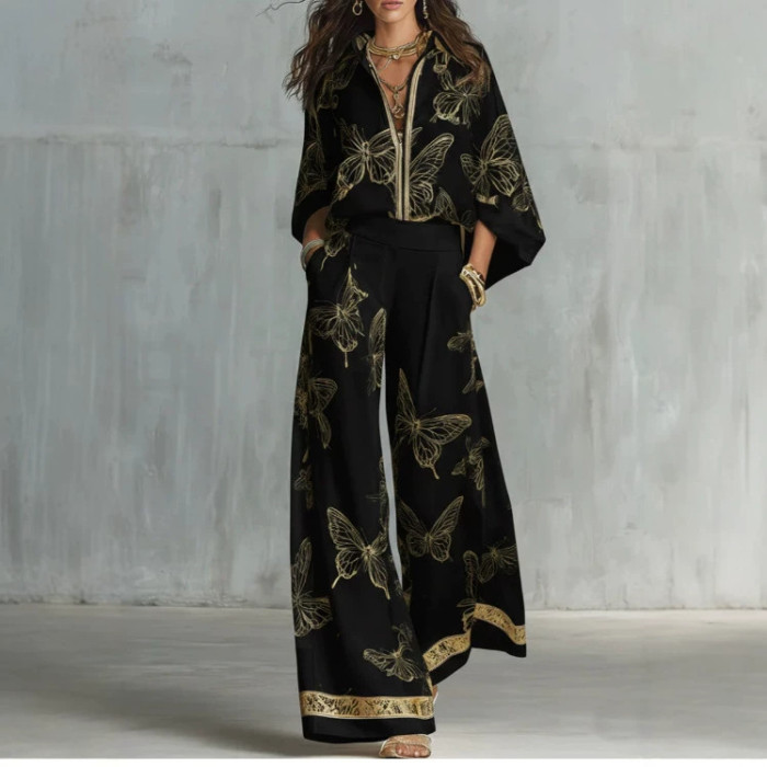 Butterfly Print Lapel Shirt Wide Leg Pants Two Piece Set for Holiday Sightseeing and City Strolls
