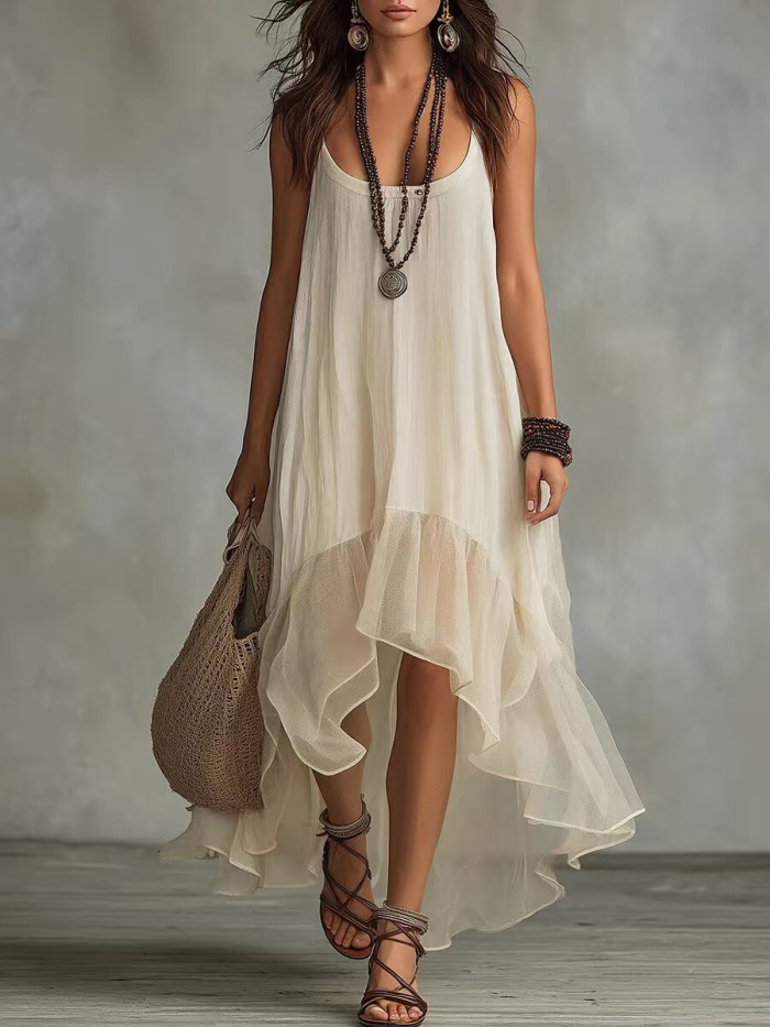 Backless Solid Ruffle High Low Maxi Dress for Poolside Parties and City Strolls