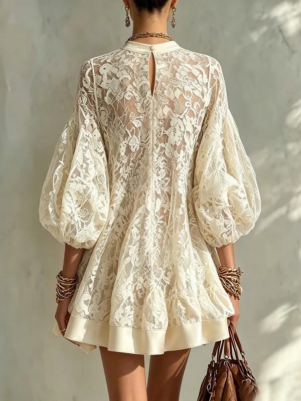 Floral Lace Puff Lantern Sleeve Ruffle Hem Mini Dress for Beach Vacations and Holiday Photoshoots