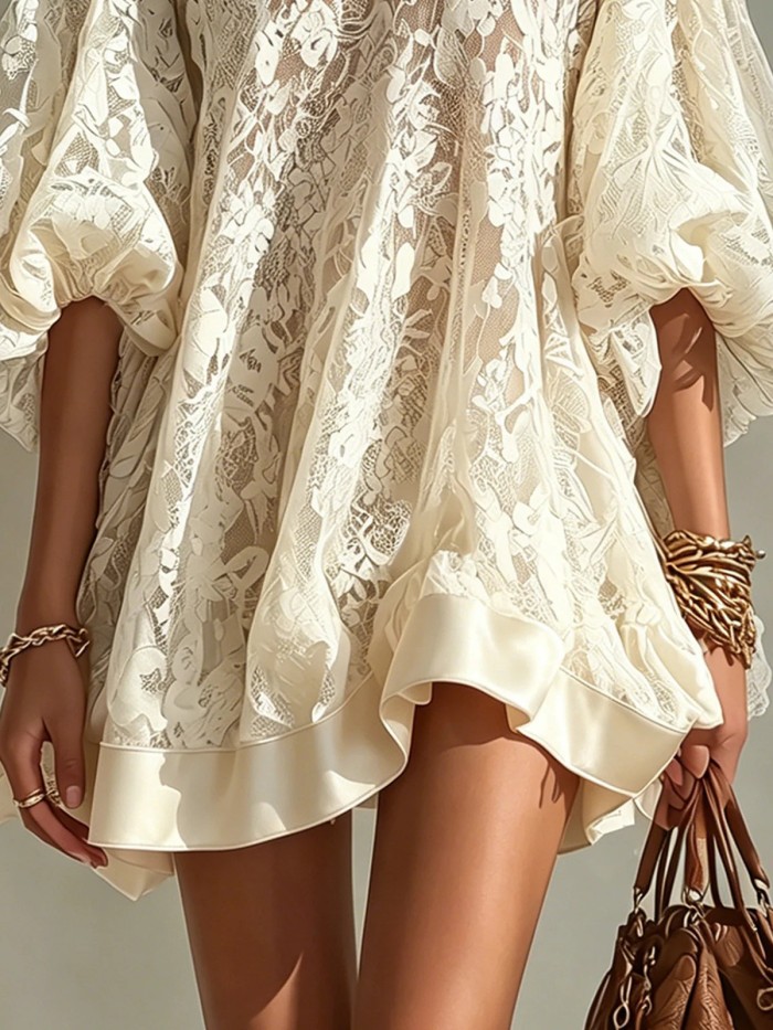 Floral Lace Puff Lantern Sleeve Ruffle Hem Mini Dress for Beach Vacations and Holiday Photoshoots