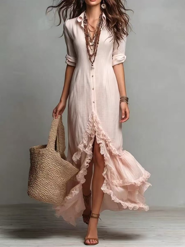 Button Front Ruffle High Low Hem Maxi Dress for Poolside Parties and City Strolls
