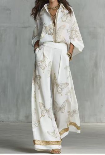 Butterfly Print Lapel Shirt Wide Leg Pants Two Piece Set for Holiday Sightseeing and City Strolls