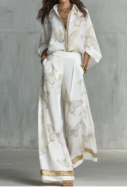 Butterfly Print Lapel Shirt Wide Leg Pants Two Piece Set for Holiday Sightseeing and City Strolls