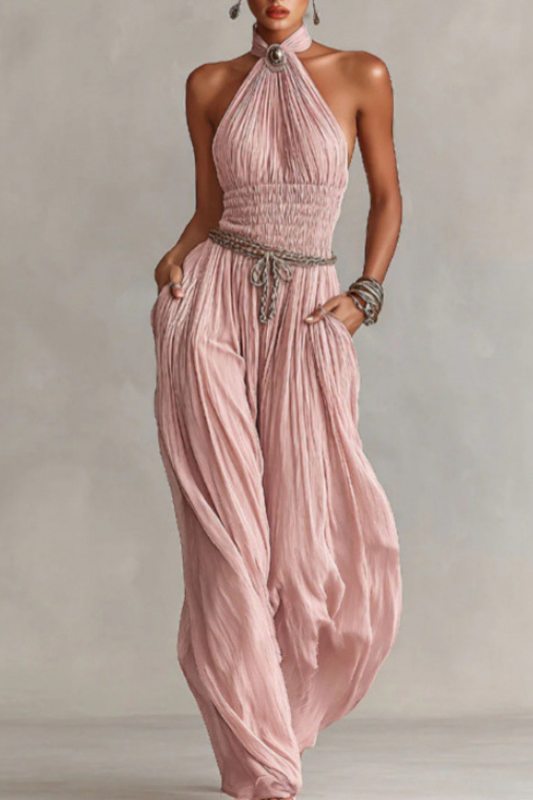 Pleated Wide Leg Boho Jumpsuit for Weekend Outings and Small Friend Gatherings