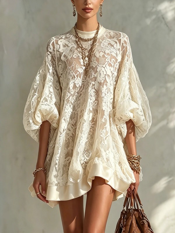 Floral Lace Puff Lantern Sleeve Ruffle Hem Mini Dress for Beach Vacations and Holiday Photoshoots