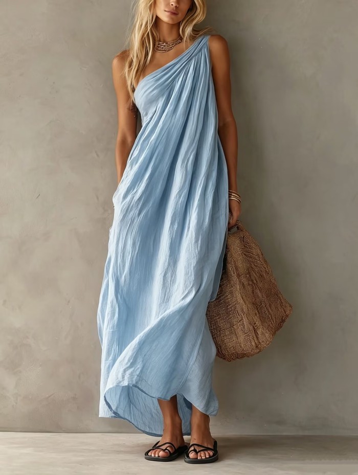 Elegant Flowy One Shoulder Boho Maxi Dress for Sightseeing Trips and Daily Streetwear