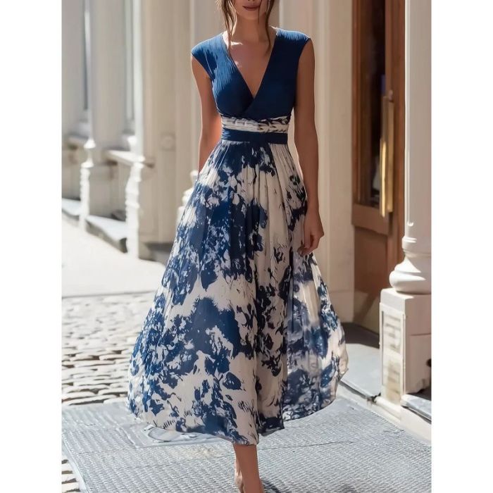 Lightweight Deep V Sleeveless Print Long Dress for Weekend Outings and Small Gatherings
