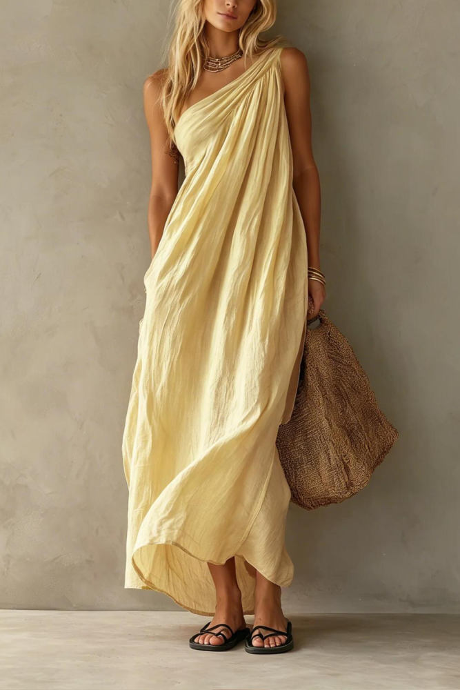 Elegant Flowy One Shoulder Boho Maxi Dress for Sightseeing Trips and Daily Streetwear