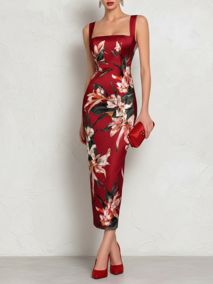 Floral Print Square Wide Strap Bodycon Slip Maxi Dress for Wedding Guest and Formal Party Occasions