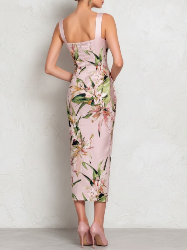 Floral Print Square Wide Strap Bodycon Slip Maxi Dress for Wedding Guest and Formal Party Occasions