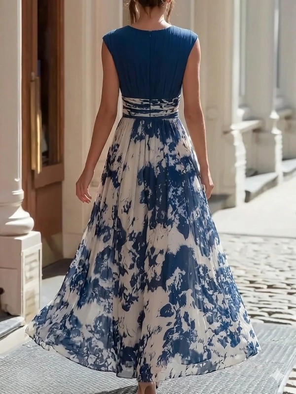 Lightweight Deep V Sleeveless Print Long Dress for Weekend Outings and Small Gatherings