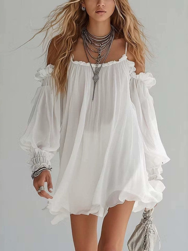 Dual Design Off Shoulder Puff Sleeve Vacation Mini Dress for Poolside Parties and City Strolls