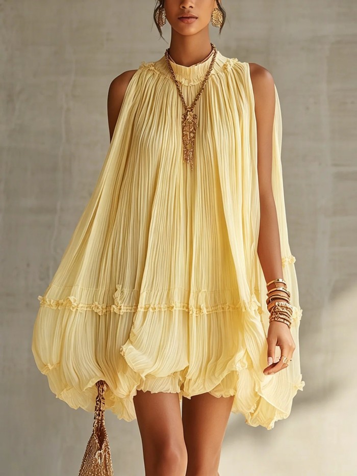 Plain Pleated Resort Mini Dress with Ruffle Details for Poolside Parties and City Strolls