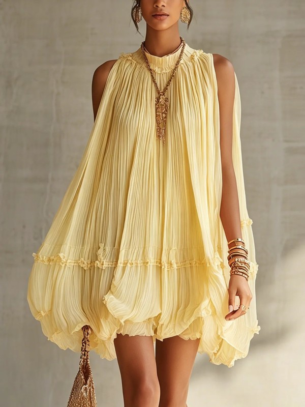 Plain Pleated Resort Mini Dress with Ruffle Details for Poolside Parties and City Strolls