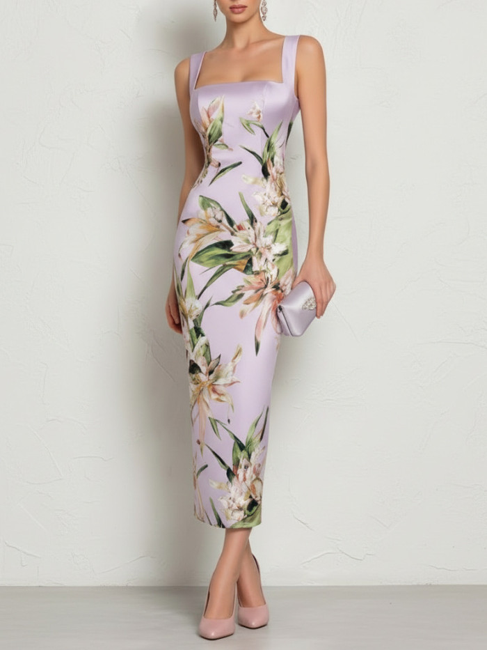 Floral Print Square Wide Strap Bodycon Slip Maxi Dress for Wedding Guest and Formal Party Occasions