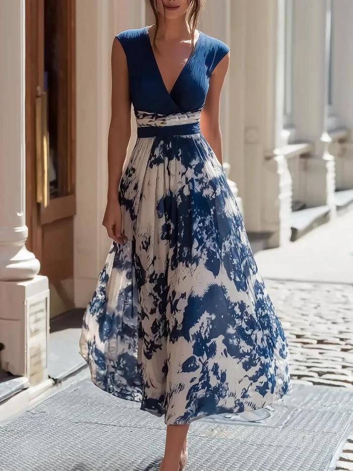 Lightweight Deep V Sleeveless Print Long Dress for Weekend Outings and Small Gatherings