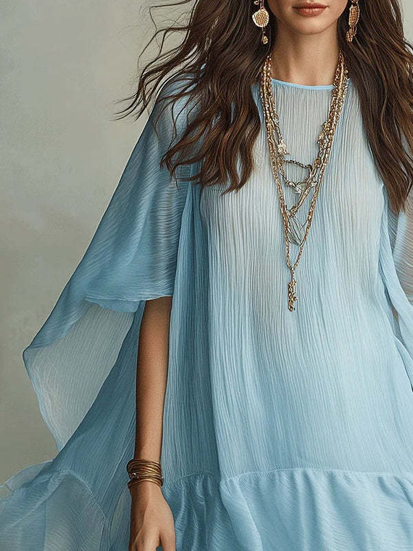 Batwing Sleeve Round Neck Solid A-Line Mini Dress for Beach Vacations and City Strolls
