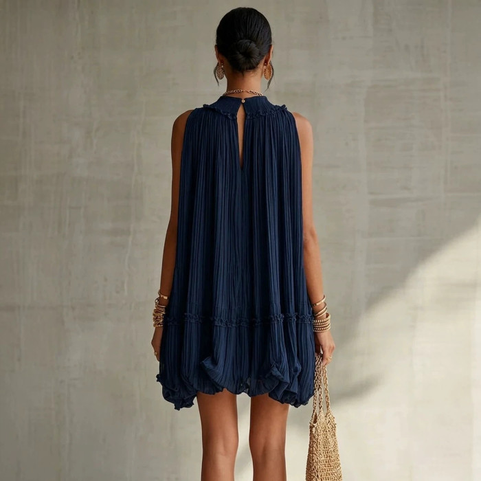 Plain Pleated Resort Mini Dress with Ruffle Details for Poolside Parties and City Strolls