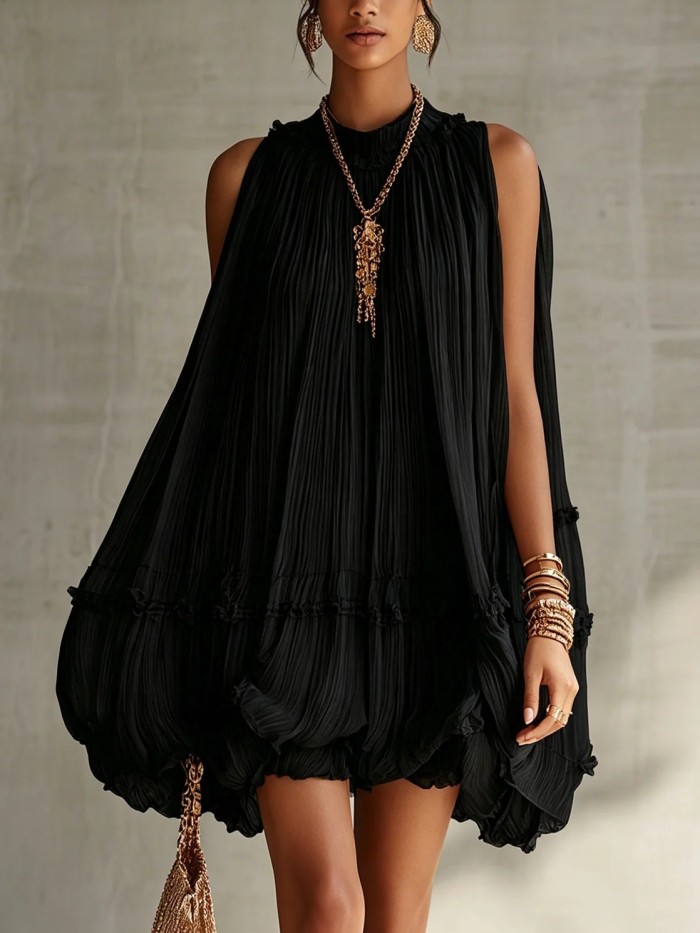 Plain Pleated Resort Mini Dress with Ruffle Details for Poolside Parties and City Strolls