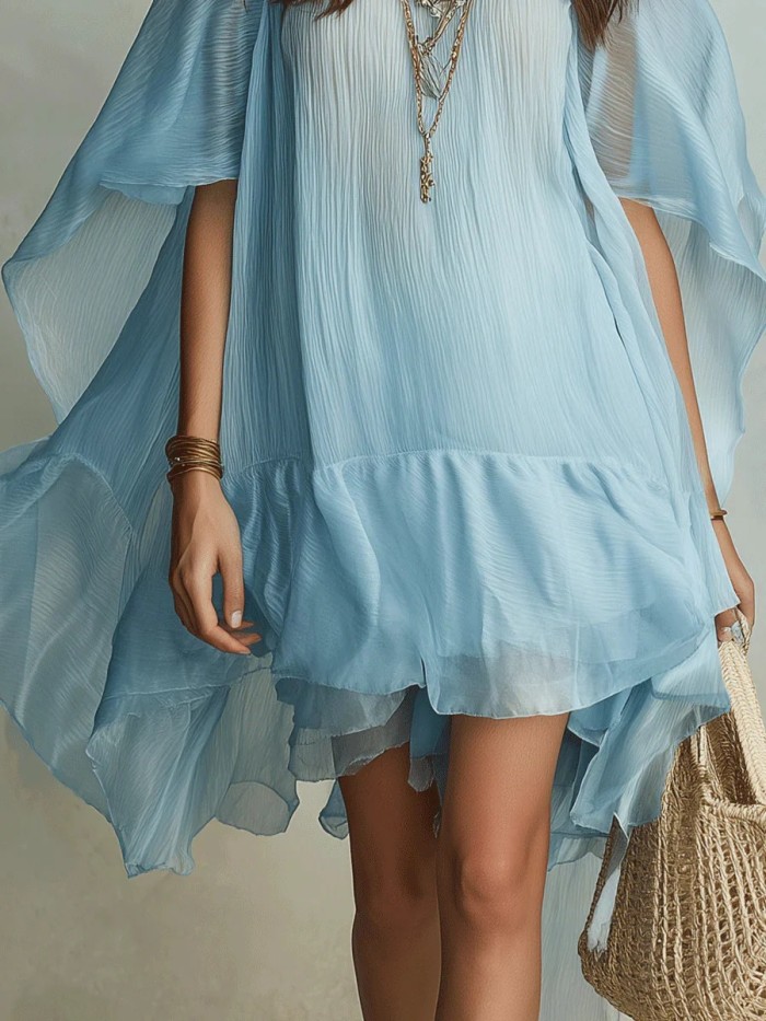 Batwing Sleeve Round Neck Solid A-Line Mini Dress for Beach Vacations and City Strolls