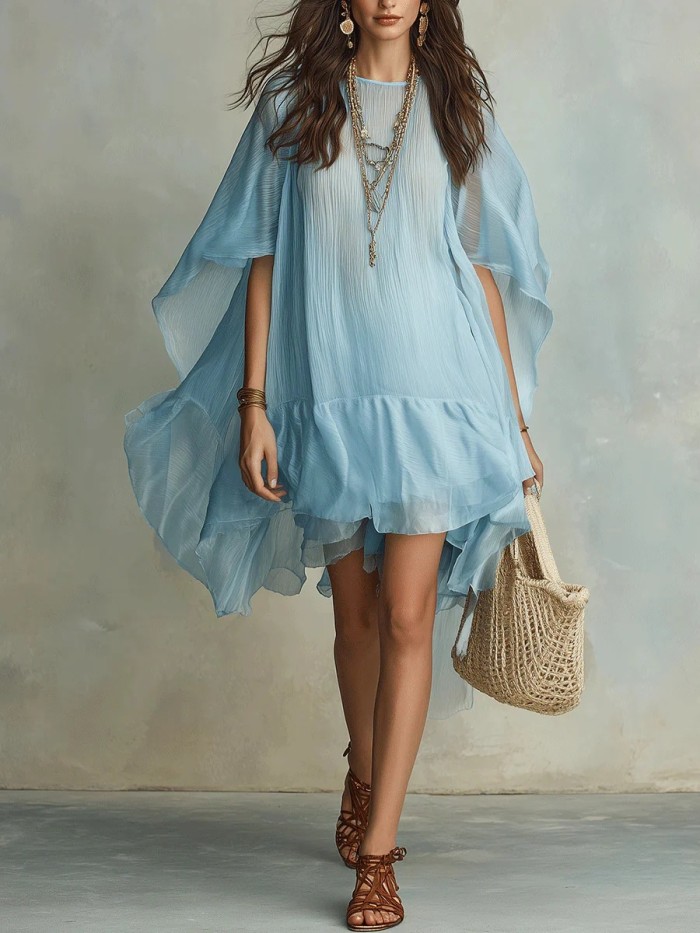Batwing Sleeve Round Neck Solid A-Line Mini Dress for Beach Vacations and City Strolls