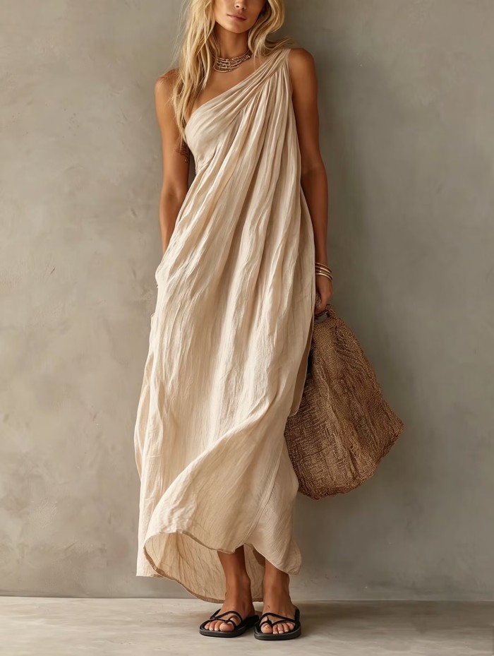 Elegant Flowy One Shoulder Boho Maxi Dress for Sightseeing Trips and Daily Streetwear