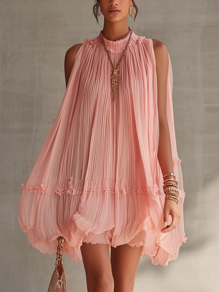 Plain Pleated Resort Mini Dress with Ruffle Details for Poolside Parties and City Strolls