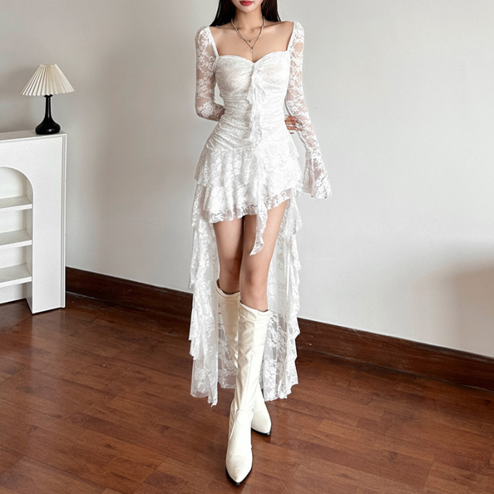 Elegant High Waist Sweetheart Neck Lace Dress for Holiday Photoshoots and Small Formal Gatherings