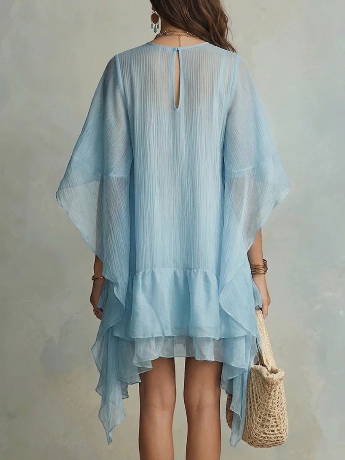 Batwing Sleeve Round Neck Solid A-Line Mini Dress for Beach Vacations and City Strolls