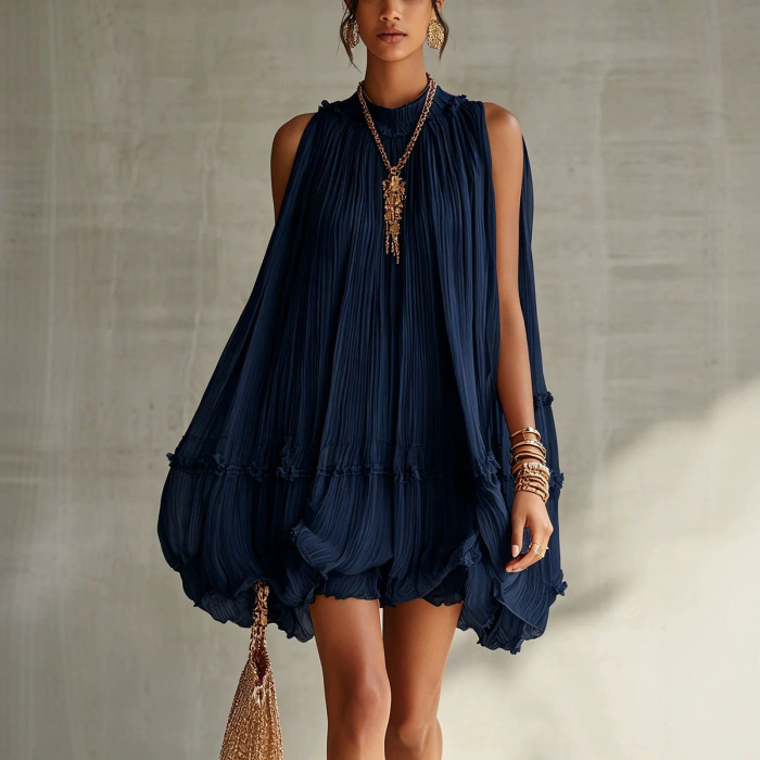 Plain Pleated Resort Mini Dress with Ruffle Details for Poolside Parties and City Strolls