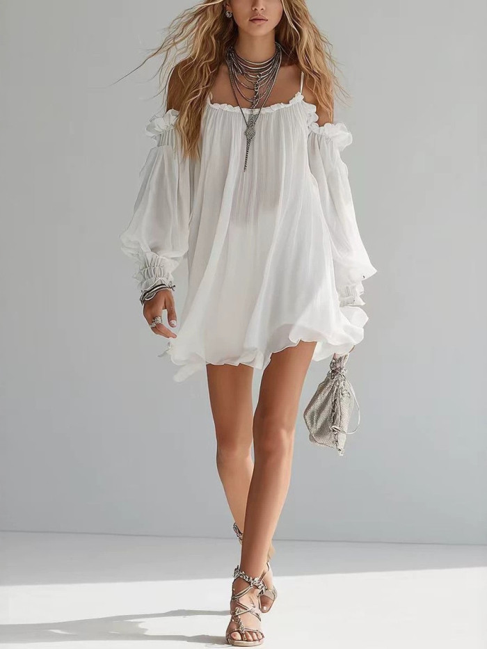 Dual Design Off Shoulder Puff Sleeve Vacation Mini Dress for Poolside Parties and City Strolls