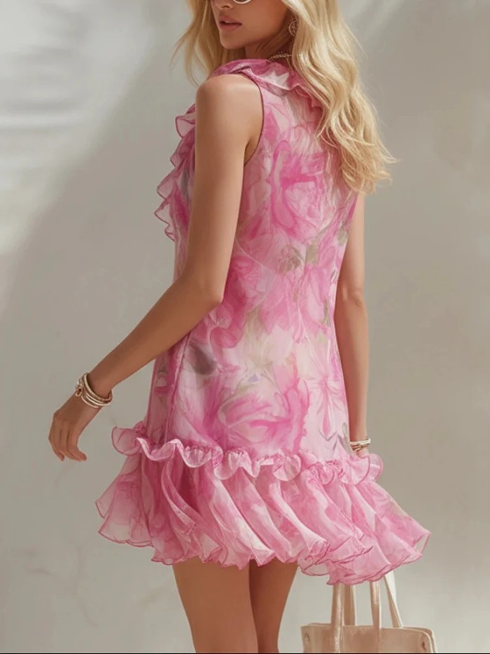 Soft Ruffle Trim Spaghetti Strap Holiday Mini Dress for Sightseeing Trips and Casual Parties