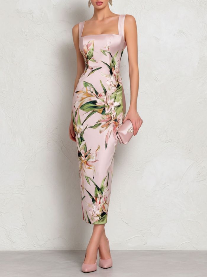 Floral Print Square Wide Strap Bodycon Slip Maxi Dress for Wedding Guest and Formal Party Occasions