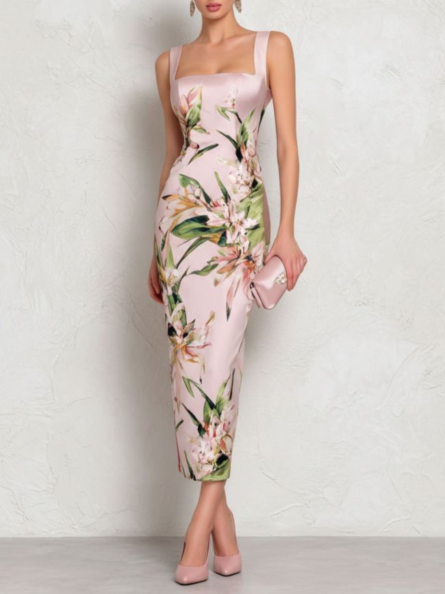 Floral Print Square Wide Strap Bodycon Slip Maxi Dress for Wedding Guest and Formal Party Occasions