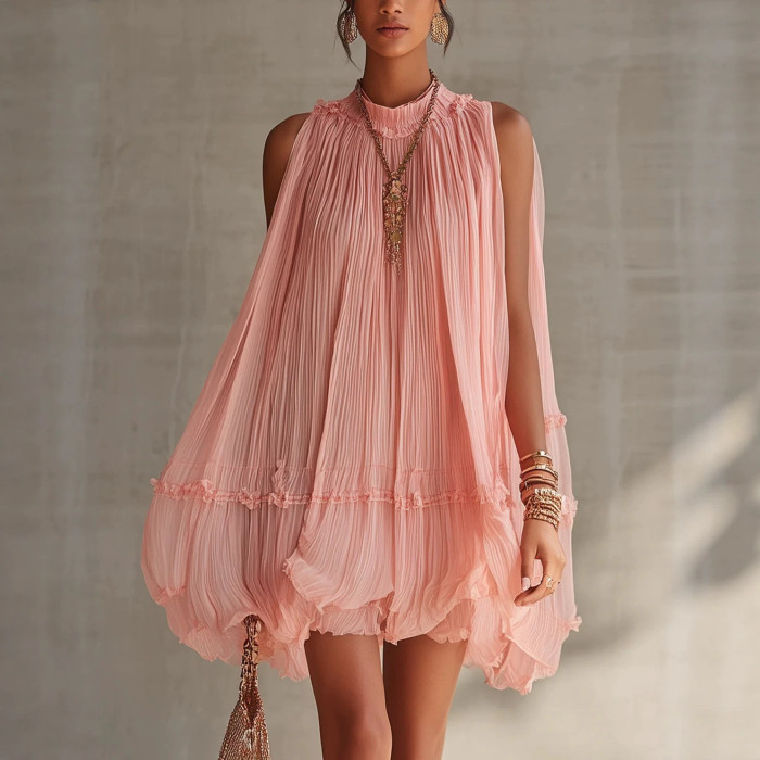 Plain Pleated Resort Mini Dress with Ruffle Details for Poolside Parties and City Strolls