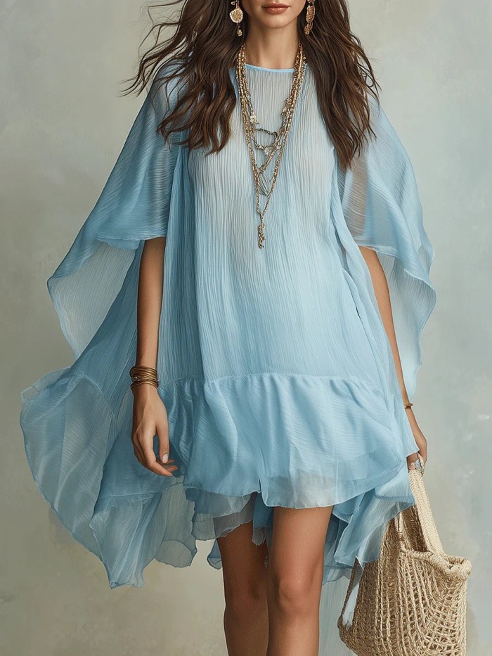 Batwing Sleeve Round Neck Solid A-Line Mini Dress for Beach Vacations and City Strolls