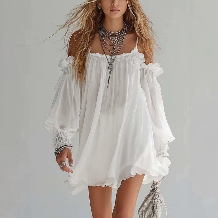 Dual Design Off Shoulder Puff Sleeve Vacation Mini Dress for Poolside Parties and City Strolls