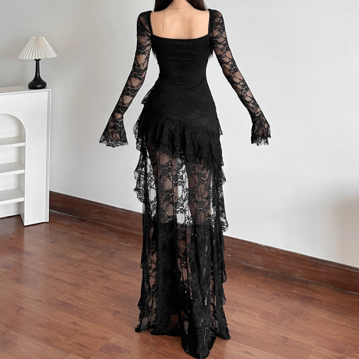 Elegant High Waist Sweetheart Neck Lace Dress for Holiday Photoshoots and Small Formal Gatherings