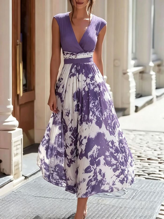 Lightweight Deep V Sleeveless Print Long Dress for Weekend Outings and Small Gatherings