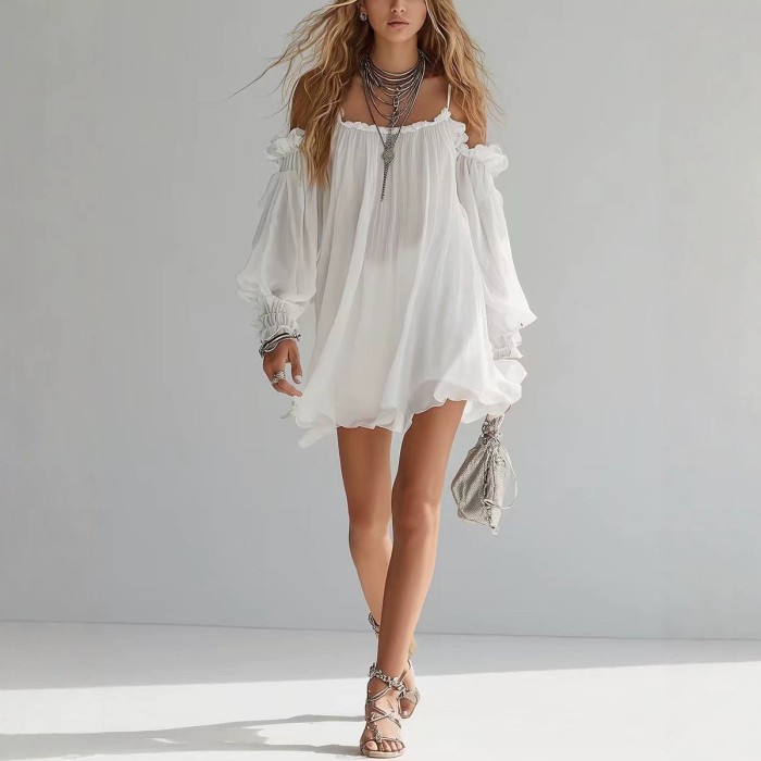 Dual Design Off Shoulder Puff Sleeve Vacation Mini Dress for Poolside Parties and City Strolls