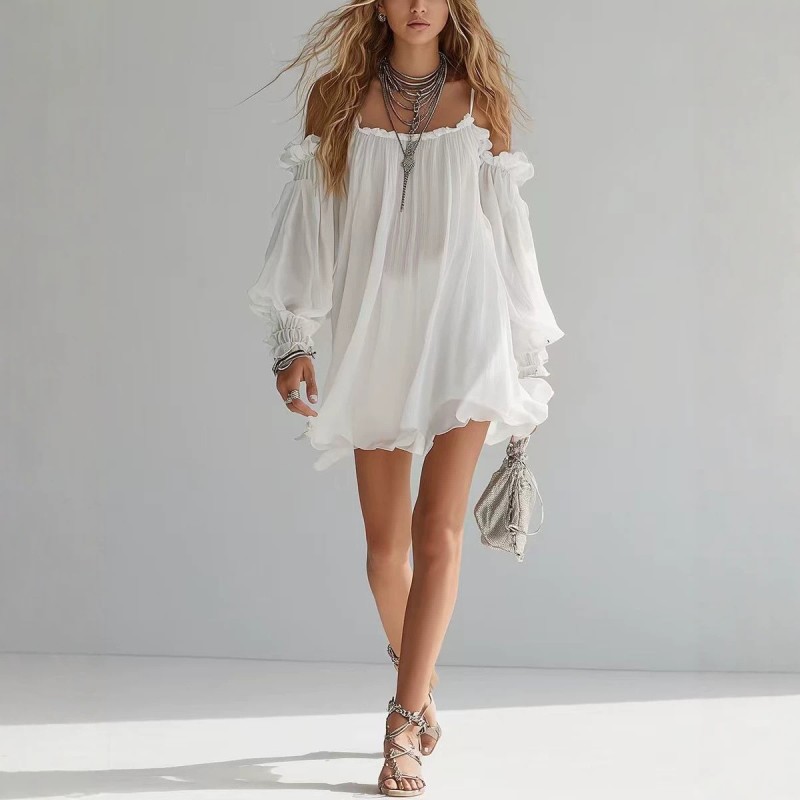 Dual Design Off Shoulder Puff Sleeve Vacation Mini Dress for Poolside Parties and City Strolls